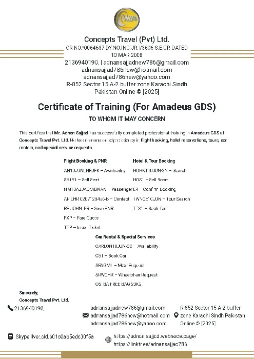 Amadeus GDS Training Certificate